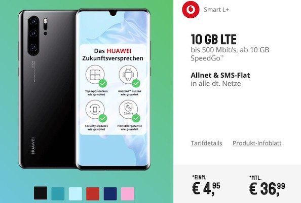 Huawei P30 Pro + Huawei SoundStone Lautsprecher für 4,99€ & Vodafone Flat mit 10GB LTE für 36,99€ mtl.   junge Leute 15GB LTE