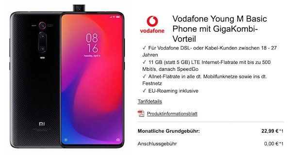 Junge Leute + Gigakombi: Xiaomi Mi 9T Pro nur 4,99€ + Vodafone Flat mit 11GB LTE für 22,99€ mtl.