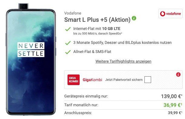 OnePlus 7T Pro für 139€ + Vodafone Flat mit 10GB LTE für 36,99€ mtl.