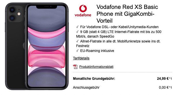 Gigakombi: iPhone 11 64GB für 359€ + Vodafone Red XS 9GB LTE für 24,99€ mtl.