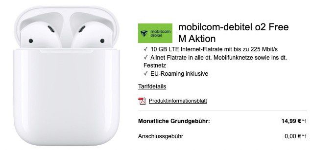 o2 Free M mit 10GB LTE + unendlich weitersurfen (1MBit/s) für 14,99€ mtl. + Apple Airpods 2 für nur 4,99€
