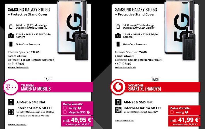 Samsung Galaxy S10 5G für 4,95€ + Vodafone Flat mit 14GB LTE für 41,99€ mtl.