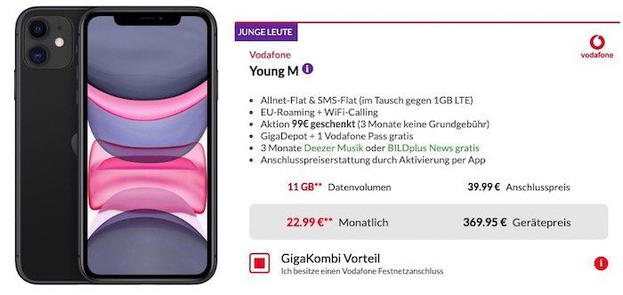 GigaKombi Young: iPhone 11 mit 128GB für 369,95€ + Vodafone Flat mit 11GB LTE für 20,12€ mtl.
