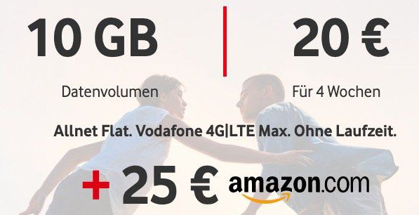 Vodafone CallYa Digital mit 10GB LTE für 20€ / 4 Wochen + 25€ Amazon Gutschein