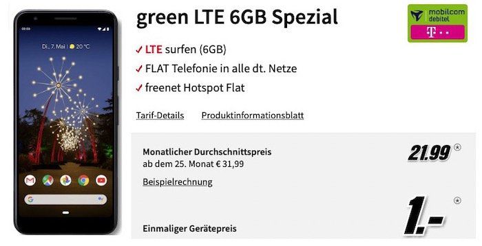 Google Pixel 3a für 1€ + Telekom Flat mit 6GB LTE für rechn. 21,99€ mtl.