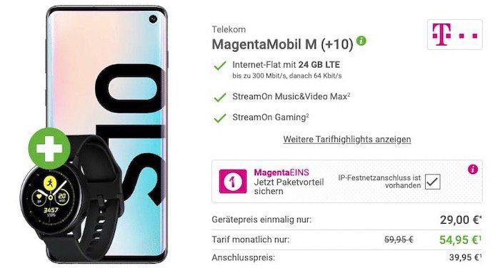 MagentaEins: Samsung Galaxy S10 + Galaxy Watch Active für 29€ + Telekom Flat mit 24GB LTE + StreamOn für 54,95€ mtl.