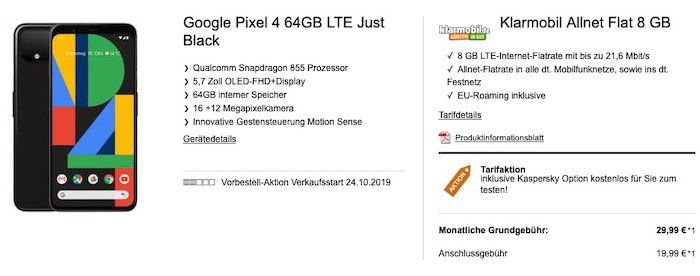 Google Pixel 4 für 99€ + Allnet Flat im Vodafone Netz mit 8GB LTE für 29,99€ mtl.
