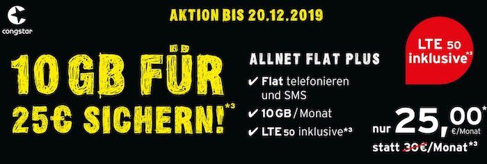 Congstar Allnet Flat im Telekom Netz mit 10GB LTE50 + z.B. Apple Watch 5 (Aluminium) für 99€
