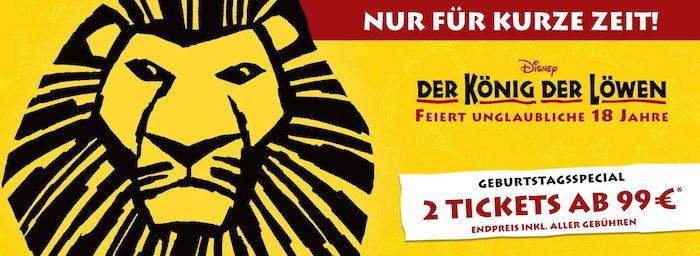 2er Set Der König der Löwen Musical Tickets ab 99€   für Shows bis November 2020!