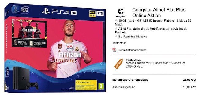 PlayStation 4 Pro + Fifa 20 für 4,99€ + Telekom Flat mit 10GB LTE für 25€ mtl.