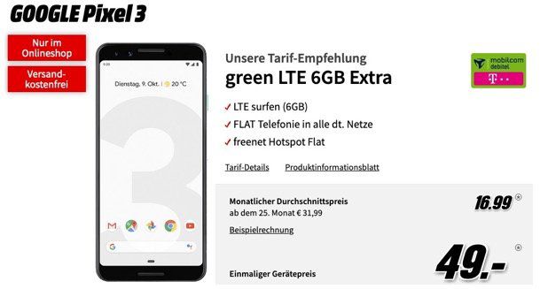 Google Pixel 3 für 49€ + Telekom oder Vodafone Flat mit 6GB LTE für eff. 16,99€ mtl.