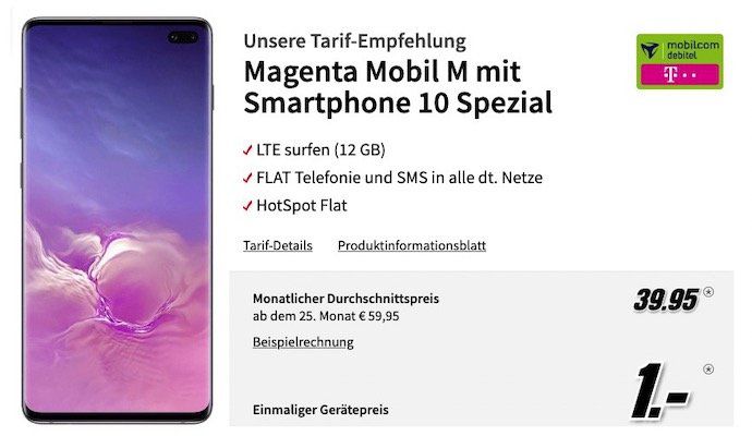 🔥 Samsung Galaxy S10 Plus für 1€ + Telekom Flat mit 12GB LTE + StreamOn für rechn. 39,95€ mtl.