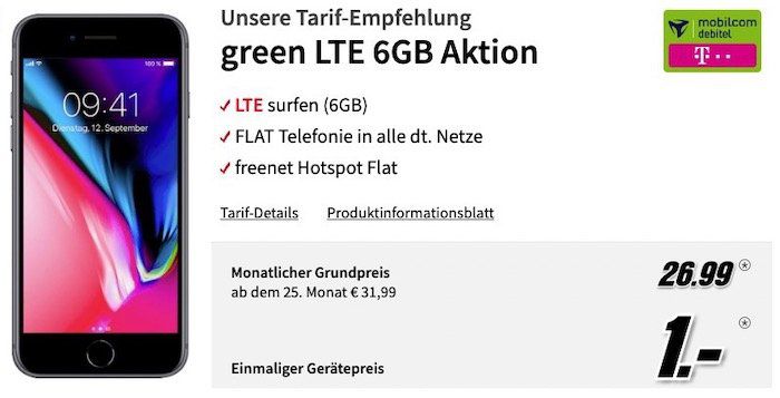 Apple iPhone 8 für 1€ + Telekom Flat mit 6GB LTE für 26,99€ mtl.