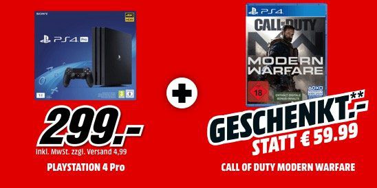 PlayStation 4 Pro + Call of Duty Modern Warfare für 303,99€ (statt 367€)