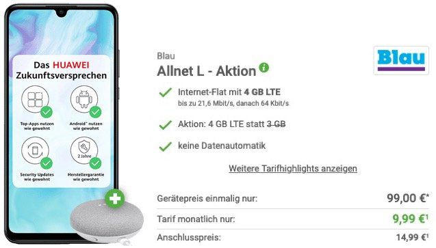 Huawei P30 lite + Google Home mini für 49€ + o2 Flat von Blau mit 4GB LTE für 9,99€ mtl.