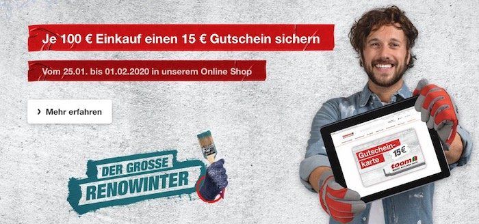 Letzte Chance: 15€ Gutschein beim Einkauf von mind. 100€ im toom Baumarkt Onlineshop