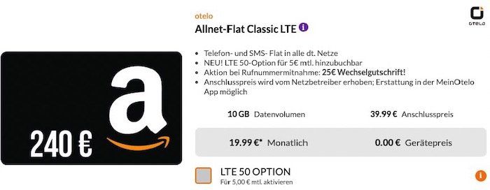 Vorbei! Vodafone Allnet Flat von otelo mit 10GB LTE für 19,99€ mtl. + 240€ Amazon Gutschein