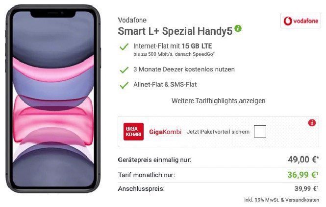 iPhone 11 64GB für 49€ (auch Red Edition!) + Vodafone Flat mit 15GB LTE für 36,99€ mtl.   mit Gigakombi 20GB