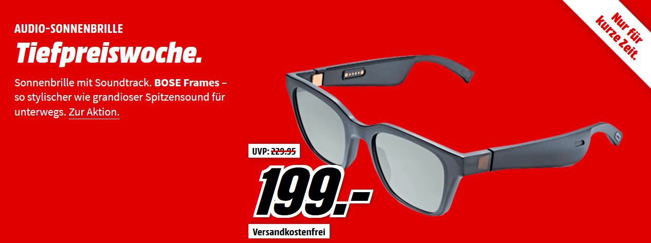 Media Markt Sound Tiefpreiswoche: Letzter Tag z.B. BOSE Frames Alto Audio Sonnenbrille Bluetooth für 199€ (statt 229€)