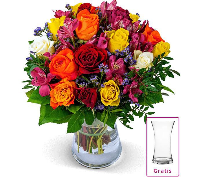 Rosenstrauß Farbwunder 40 Blüten inkl. Vase für 24,94€