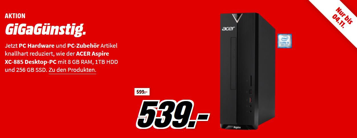 Media Markt GiGaGünstig Sale: PC Hardware & Zubehör reduziert z.B. ACER Nitro 50 (N50 600) Gaming PC  für 899€ (statt 999€)