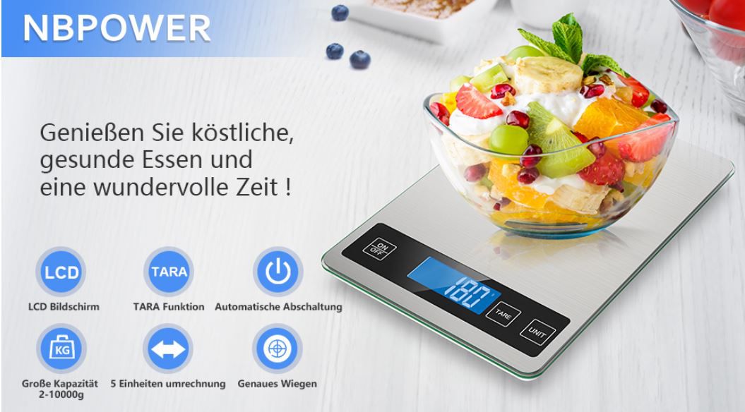 NBPOWER Küchenwaage bis 10kg mit Glasoberfläche ab 13,98€ (prime) statt 20€)