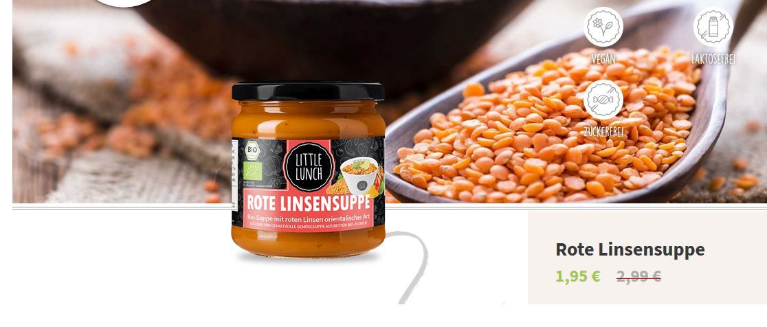 Bis Mitternacht: Little Lunch rote Linsensuppe für 1,95€ (statt 2,99€)   ab 18 Suppen VSK frei