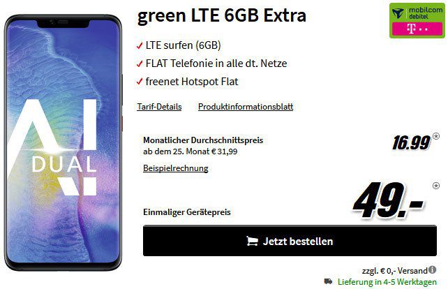Wieder da: Huawei Mate20 Pro für 49€ + Telekom oder Vodafone Allnet Flat mit 6GB LTE für 16,99€ mtl.