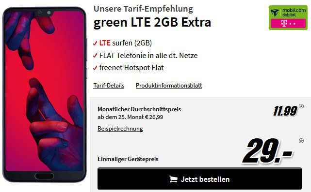 Huawei P20 Pro für 29€ + Telekom Allnet Flat mit 2GB LTE für rechn. 11,99€ mtl.
