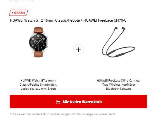 HUAWEI Watch GT 2 (46mm) mit AMOLED Display & GPS + InEar Kopfhörer FreeLace CM70 C ab 189€ (statt 297€)