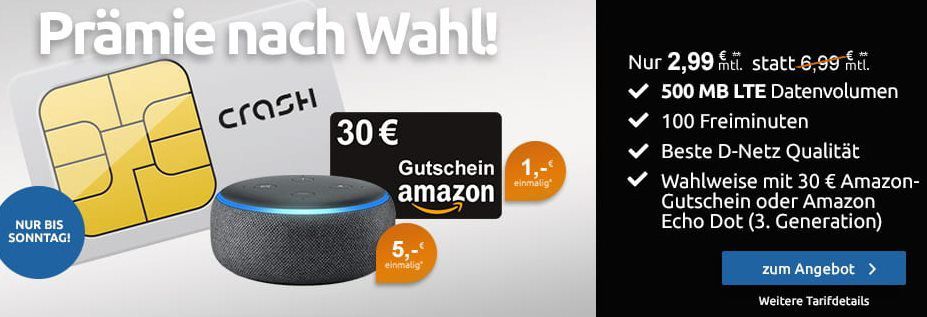 Telekom Netz: 500 MB LTE & 100 Freiminuten für 2,99€ mtl + 30€ Amazon Gutschein oder Echo Dot für 5€