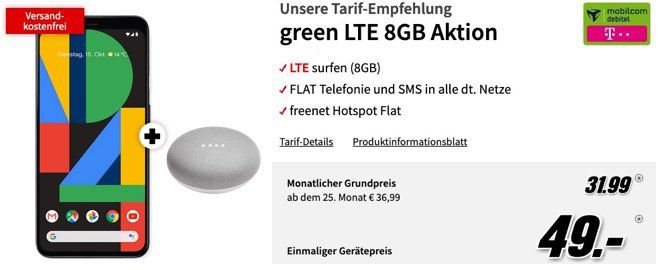 Google Pixel 4 + Home Mini für 49€ mit Telekom Allnet Flat mit 8GB LTE für 31,99€ mtl.