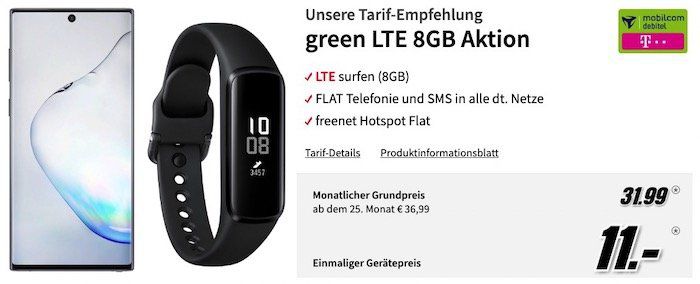 Samsung Galaxy Note 10 + Galaxy Fit e Tracker für 11€ (statt 753€) + Telekom AllNet Flat + 8GB LTE für 31,99€ mtl.