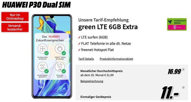 Geht noch: Huawei P30 für 11€ + Telekom Allnet Flat mit 6GB LTE für 16,99€ mtl.