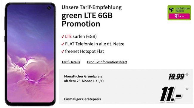 Samsung Galaxy S10e für 11€ + Telekom Flat mit 6GB LTE für 19,99€ mtl.