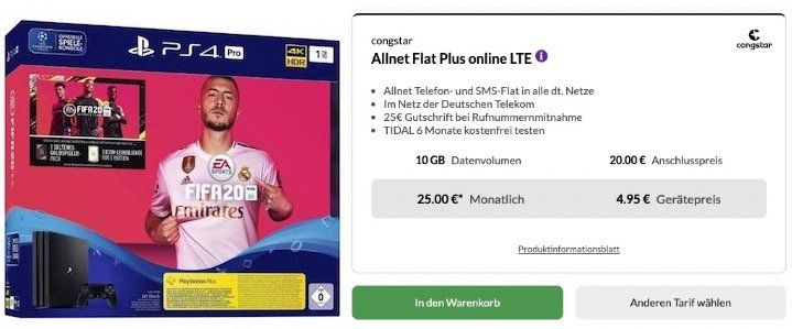 PlayStation 4 Pro + Fifa 20 für 4,95€ + Telekom Flat von Congstar mit 10GB LTE für 25€ mtl.