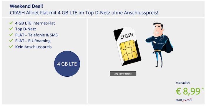 CRASH Weekend Deal: Allnet Flatrate im Vodafone Netz mit 4GB LTE für 8,99€ mtl.