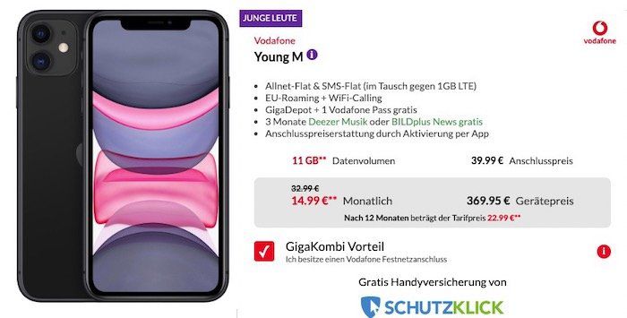 Junge Leute + GigaKombi: iPhone 11 128GB für 369,95€ + Vodafone Flat mit 11GB LTE für 18,99€ mtl.