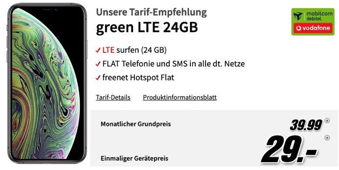 Apple iPhone XS 64GB für 29€ + Vodafone Flat mit fetten 24GB LTE für 39,99€ mtl.