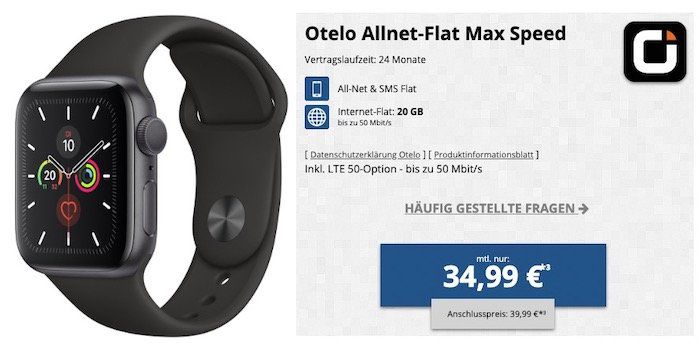 Apple Watch Series 5 GPS 44mm für 4,95€ + Vodafone Flat von otelo mit 20GB LTE für 34,99€ mtl.