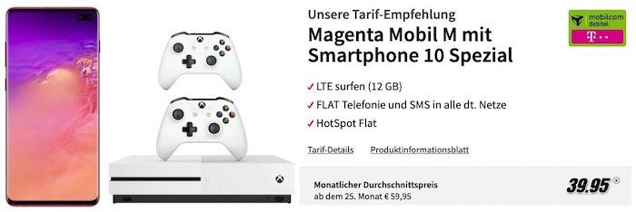 🔥 Knaller! Samsung Galaxy S10+ inkl. Xbox One S 1TB mit 2 Controllern für 49€ + Telekom Flat mit 12GB LTE für rechn. 39,95€