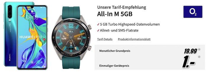 Huawei P30 + Watch GT Active inkl. 2. Armband für 1€ + o2 Allnet Flat mit 5GB LTE für 19,99€ mtl.   effektiver Gewinn!