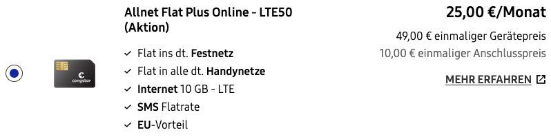 Samsung Galaxy S10 128GB für 49€ + Congstar Allnet Flat Telekom Netz mit 10GB LTE50 für 25€ mtl.