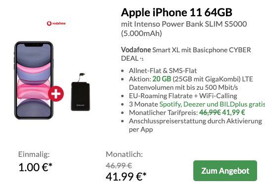 Vorbei! Preisboerse24 Black Deals   z.B. iPhone 11 + Powerbank nur 1€ + Vodafone Flat 20GB LTE für 41,99€ mtl.