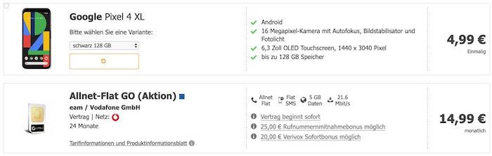 Vorbei! Google Pixel 4 XL 128GB für 4,99€ + Vodafone Flat mit 5GB LTE für 14,99€ mtl.