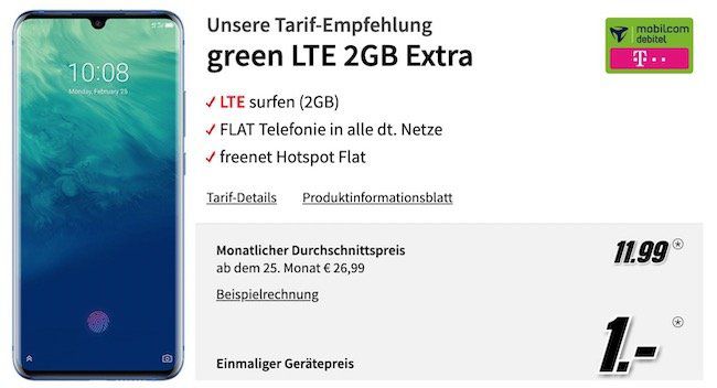 Ausverkauft! ZTE AXON 10 Pro für 1€ + Telekom Flat mit 2GB LTE für rechn. 11,99€ mtl.