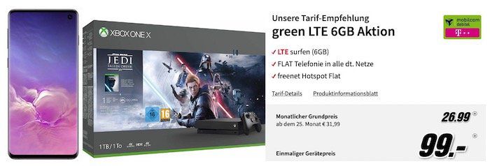 🔥 Samsung Galaxy S10 + Xbox One X 1TB Star Wars Jedi: Fallen Order Bundle nur 99€ + Telekom Flat mit 6GB LTE für 26,99€ mtl.