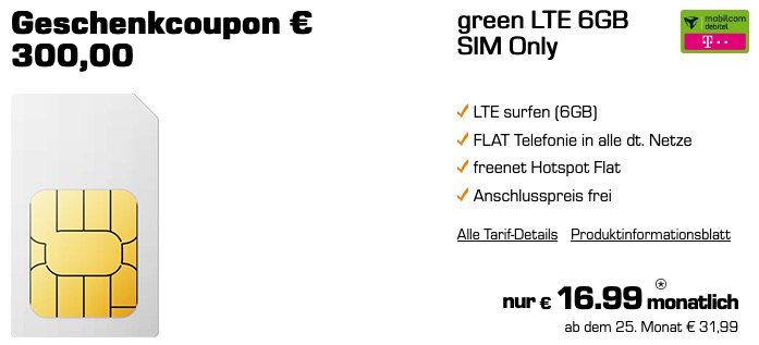 🔥Telekom Allnet Flat mit 6GB LTE für 16,99€ mtl. + 300€ Saturn Coupon (effektiv 4,49€)