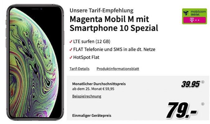 Apple iPhone XS 64GB für 79€ + Telekom Flat mit 12GB LTE für rechn. 39,95€ mtl.