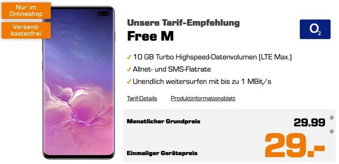 Samsung Galaxy S10+ 128GB mit Galaxy Buds für 29€ + o2 Allnet Flat mit 10GB LTE für 29,99€ mtl.